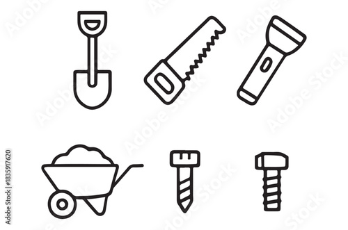 Simple black and white line icons depicting various gardening and construction tools