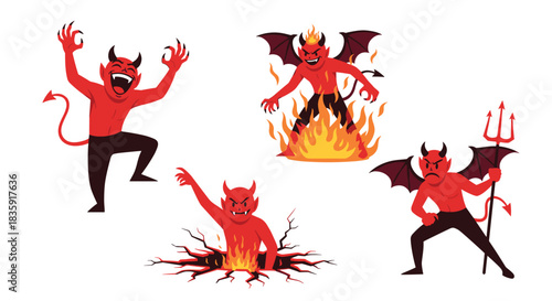 Collection of four fierce red devil characters in various poses, including laughing, emerging from fire, and holding a trident. Halloween and fantasy monster vector set.