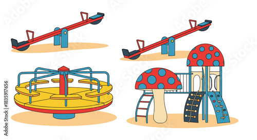 Collection of colorful children's playground equipment, including two seesaws, a merry-go-round, and a fun slide complex shaped like a mushroom. Vector park elements.