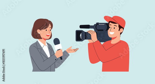 Female news reporter in a suit holding a microphone and interviewing a smiling cameraman filming the segment with a professional video camera. Media and journalism illustration.