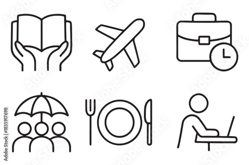 Various outline icons representing travel education leisure and lifestyle concepts