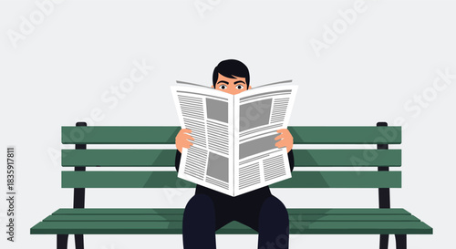 Man in a dark suit sitting alone on a green park bench, completely engrossed in reading a newspaper that covers his face. Vector illustration with copy space for text.