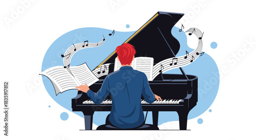 Talented male pianist with red hair, viewed from behind, playing a black grand piano with musical notes flowing from the sheet music. Classical music concert vector illustration.