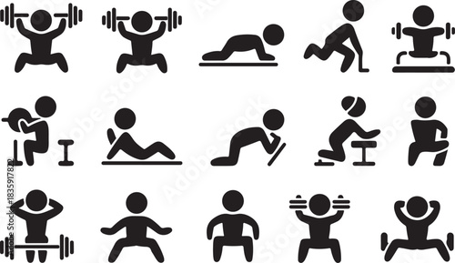 Series of fitness icons depicting various exercises and poses. Scene is energetic and focused on physical fitness