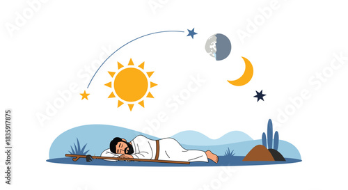 Illustration showing the passage of time from day to night, with the sun, moon, and stars arcing over a sleeping man in the desert. Concept of a 24-hour cycle.