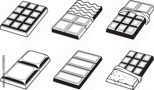 Set of chocolate bar silhouette vector illustration with candy block, dessert snack, sweet food design, cocoa treat packaging collection