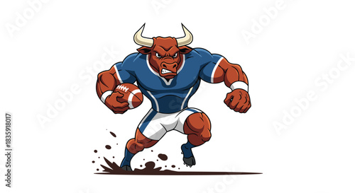 Fierce and muscular bull mascot wearing a blue and white football uniform, running aggressively with the ball through mud. Powerful sports team character vector illustration.