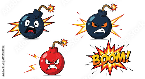 Set of cartoon bomb characters with expressive angry and scared faces, a lit fuse, and a comic book style 'BOOM!' explosion. Vector graphics for games or comics.