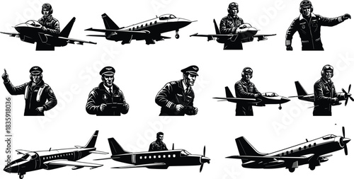 Vector illustration set of pilots in uniform posing near airplanes, symbolizing aviation, flight, military service, travel, and professional transportation careers.
