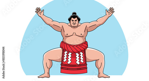 Powerful sumo wrestler in a traditional red mawashi, performing the ring-entering ceremony stance with arms raised. Japanese martial art and cultural sport vector illustration.