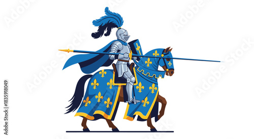 Medieval knight in full blue and silver armor with a feathered helmet, holding a lance and shield, riding a horse with matching barding. Historical vector illustration.