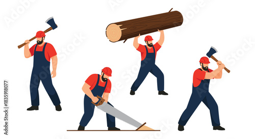 Set of a strong lumberjack character in different poses: chopping wood with an axe, carrying a heavy log, and sawing a plank. Forestry and woodworking vector illustration.