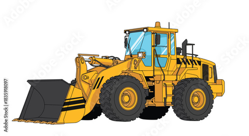Detailed side view illustration of a yellow wheel loader, a powerful piece of heavy equipment used in construction and earthmoving. Industrial machinery vector graphic.