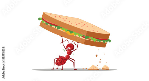 Strong cartoon red ant character showing immense effort while lifting a large sandwich, demonstrating strength and determination. Funny insect vector illustration.