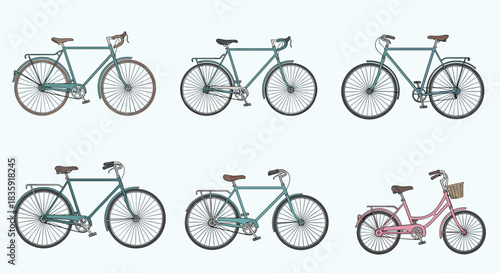 Set of six vintage and classic bicycles in different styles and colors, including commuter and women's bikes with baskets. Retro transportation vector illustration collection.