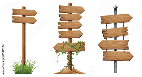 Collection of three different weathered wooden signposts with blank arrow signs, offering choices for direction and guidance. Rustic wayfinding vector illustrations.