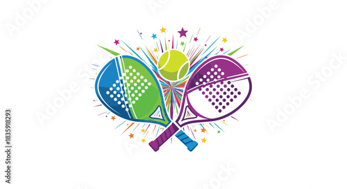 Vibrant and colorful logo for padel tennis, featuring two crossed rackets and a ball at the center of a dynamic starburst explosion. Sports emblem vector illustration.