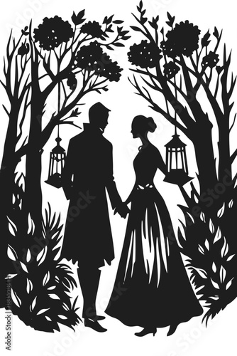 Elegant couple holding hands in a romantic forest silhouette with hanging lanterns