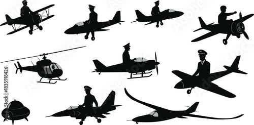 Vector silhouette collection of pilots and various aircraft including jets, helicopters, and biplanes, symbolizing aviation history, flight, and transportation concepts.