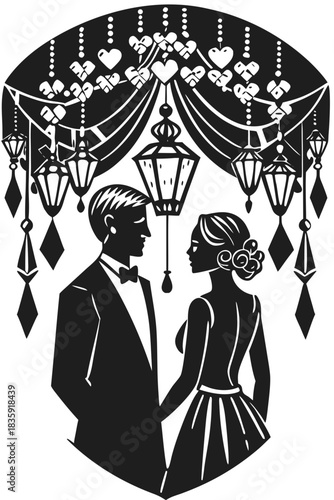 Elegant silhouette couple holding hands under romantic heart garland and lanterns
