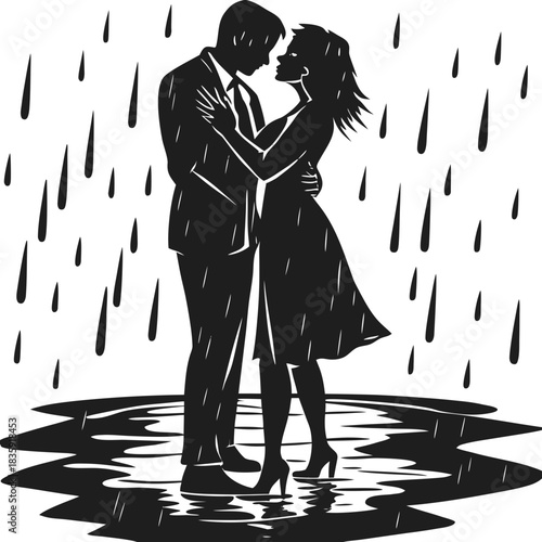 Romantic couple embracing in the rain at night with reflections in puddles