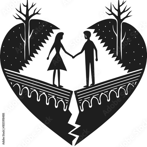 Couple holding hands on a broken bridge inside a cracked heart silhouette symbolizing lost love