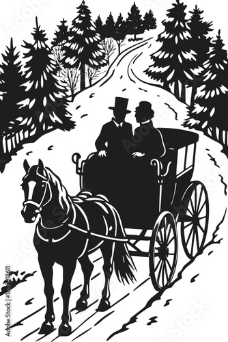 Elegant couple rides horse drawn carriage through scenic forest path