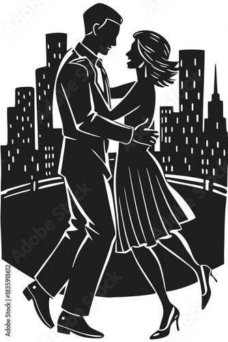 Couple dancing romantically in silhouette against a stylized cityscape at night