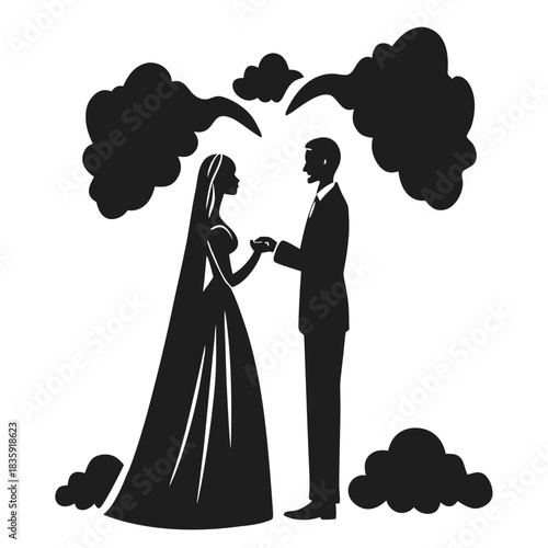 Silhouette of a bride and groom holding hands under stylized clouds on their wedding day