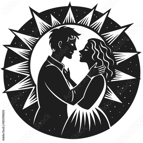 Romantic couple embracing under a stylized sunburst emblem symbolizing love and unity