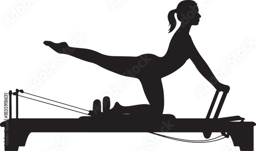 Silhouette of a Woman Doing Pilates Leg Exercise on a Reformer Machine for Core Strength and Flexibility