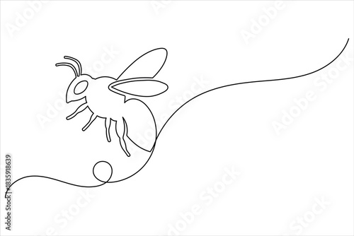 Minimalist one line art drawing of a flying bee or wasp on a clean background, continuous stroke style vector illustration.