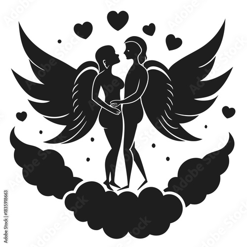 Silhouette of two winged figures embracing romantically on clouds surrounded by hearts and stars
