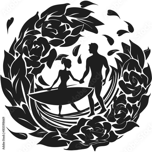 Romantic couple holding hands in a circular floral design with swirling elements