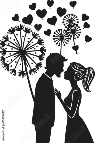 Silhouette couple sharing a romantic moment under a dandelion with heart shaped seeds floating away