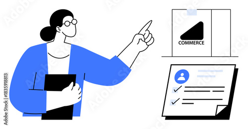 Woman pointing at e-commerce chart and checklist with user details and completed tasks. Ideal for e-commerce, presentation, planning, strategy, teamwork, business analytics, corporate workflows