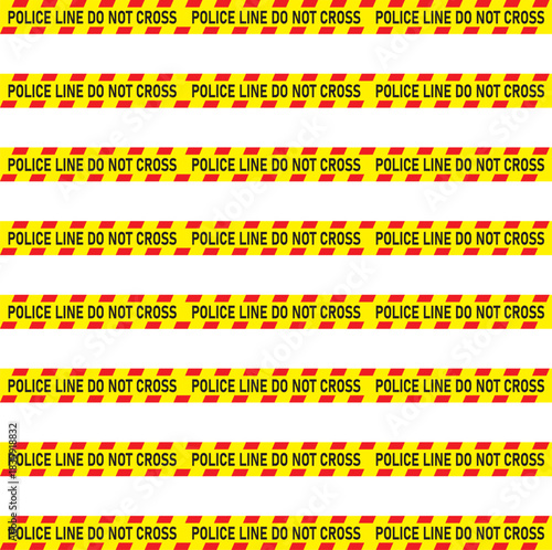A repeating pattern of yellow police line tape with the words Police Line Do Not Cross printed in red.