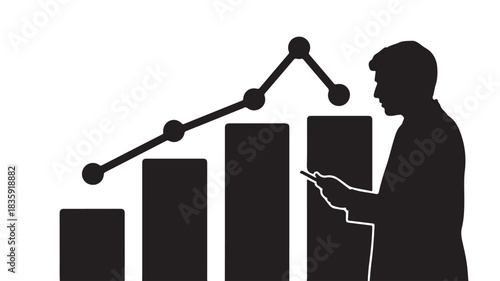 Businessman Analyzing Upward Trend Bar Chart Silhouette Isolated on White
