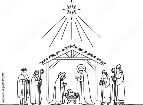 Nativity scene with star and figures in simple line art