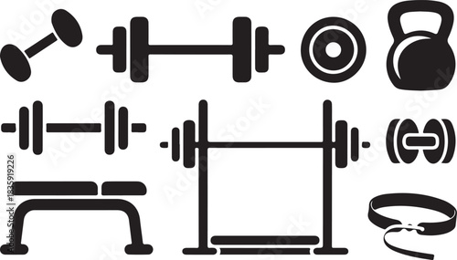 Strength training silhouette icons set, Simple gym and fitness equipment symbols