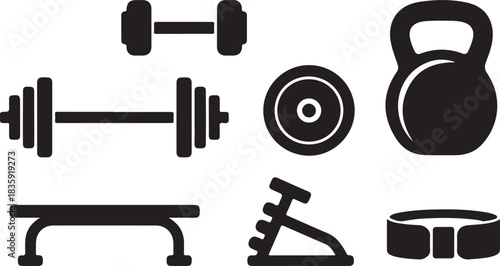 Strength training silhouette icons set, Simple gym and fitness equipment symbols