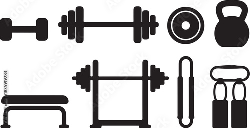 Strength training silhouette icons set, Simple gym and fitness equipment symbols