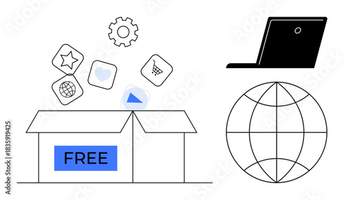 Online tools, e-commerce, global connections, freebies, app development, digital marketing. Open box with free icons, a globe and a laptop. Online tools and e-commerce concept