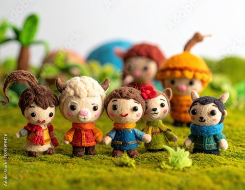 Needle felted characters mossy landscape