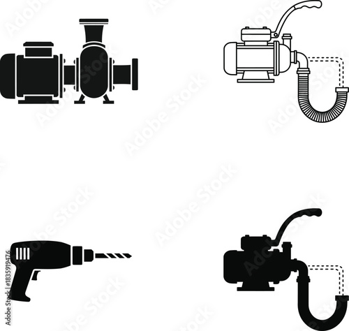 Set of icons depicting industrial equipment and tools like pumps and drills