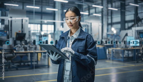 Asian Female Engineer Using Tablet in Factory for Quality Control.
