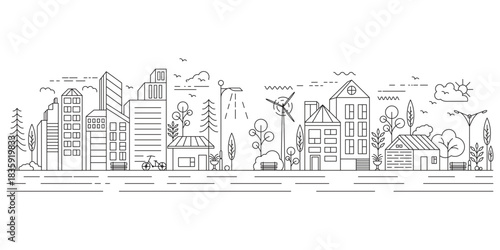 Minimalist Urban Cityscape Line Art with Modern Buildings
