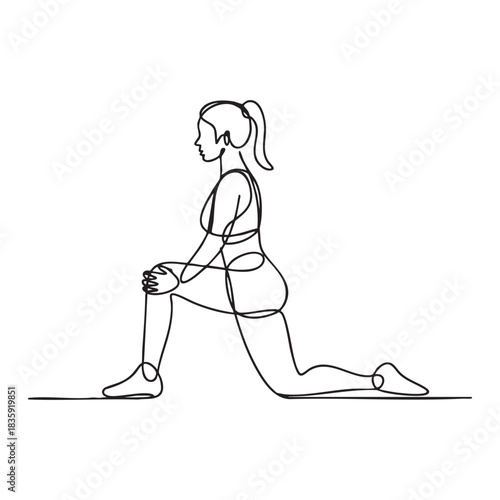 Continuous line drawing of a woman stretching her legs in a lunge pose single line art