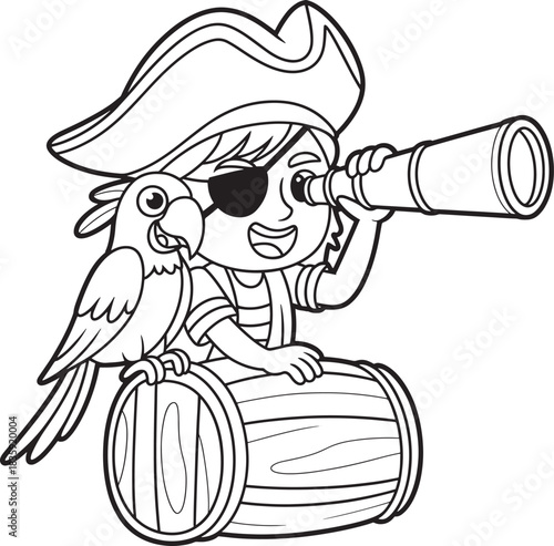 Young pirate boy with parrot and spyglass on barrel