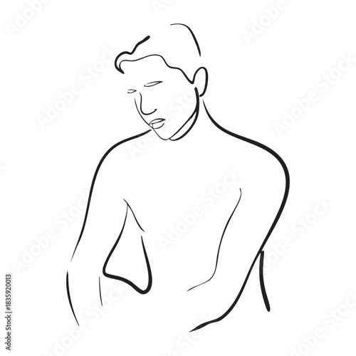 Minimalist black line art of a man's head and shoulders looking down black and white male